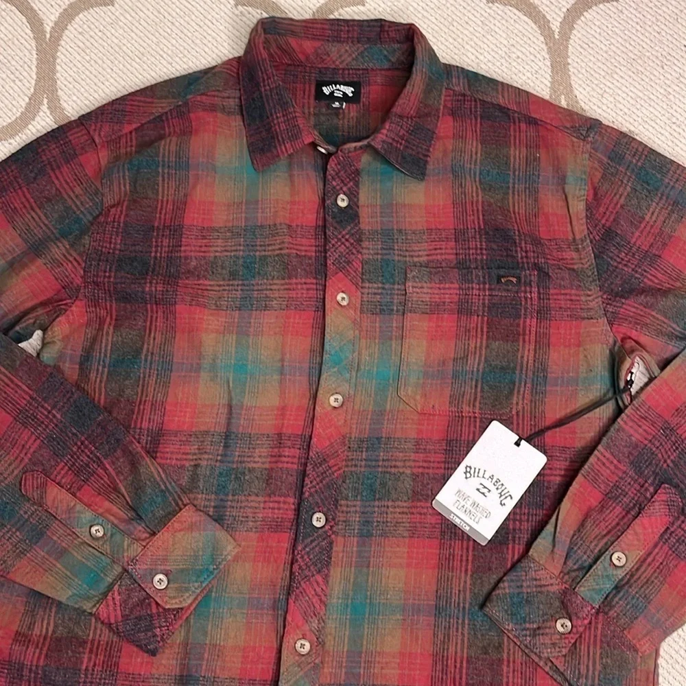 Billabong Coastline Wave Washed Plaid Flannel button down long sleeve Shirt